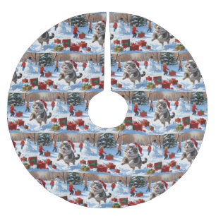 Siberian Cat Running in Snow with Christmas Hat Brushed Polyester Tree Skirt