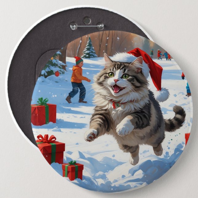 Siberian Cat Running in Snow with Christmas Hat Button (Front & Back)