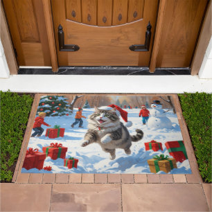 Siberian Cat Running in Snow with Christmas Hat Doormat