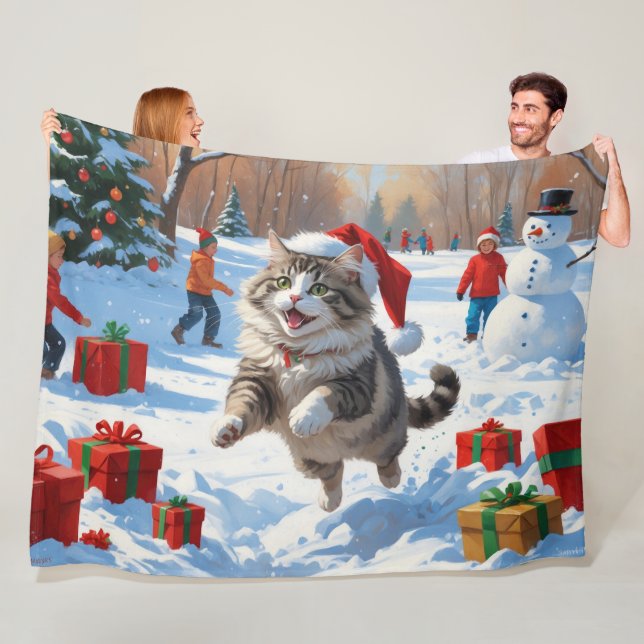 Siberian Cat Running in Snow with Christmas Hat Fleece Blanket (In Situ)