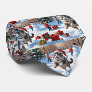 Siberian Cat Running in Snow with Christmas Hat Neck Tie