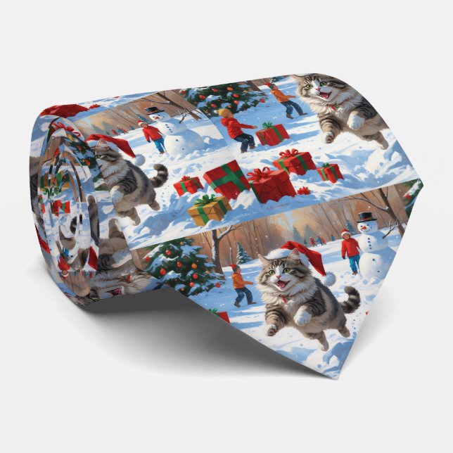 Siberian Cat Running in Snow with Christmas Hat Neck Tie (Rolled)