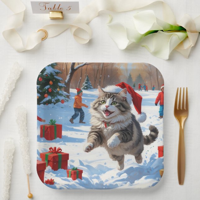 Siberian Cat Running in Snow with Christmas Hat Paper Plates (Wedding)