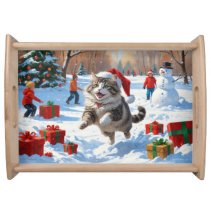 Siberian Cat Running in Snow with Christmas Hat Serving Tray