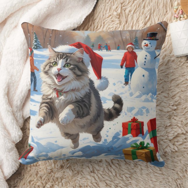 Siberian Cat Running in Snow with Christmas Hat Throw Pillow (Blanket)
