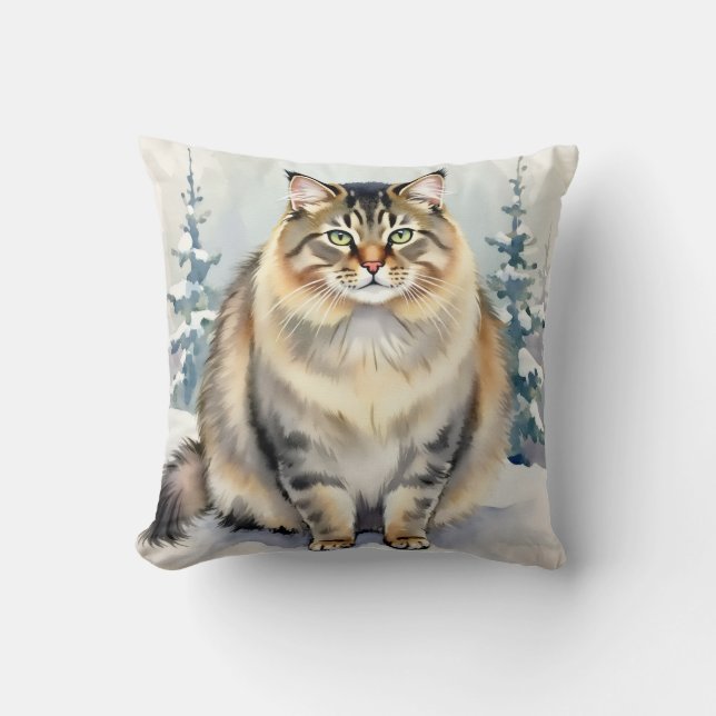 Siberian Cat Watercolor Frost Pattern Art Throw Pillow (Front)