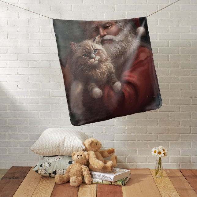 Siberian Cat With Santa Claus Festive Christmas  Baby Blanket (In Situ)