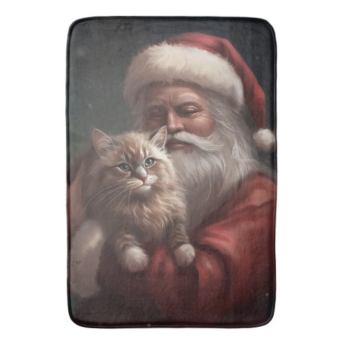 Siberian Cat With Santa Claus Festive Christmas  Bath Mat