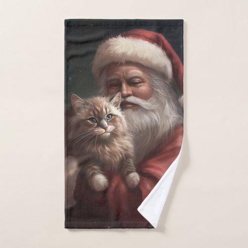 Siberian Cat With Santa Claus Festive Christmas  Bath Towel Set