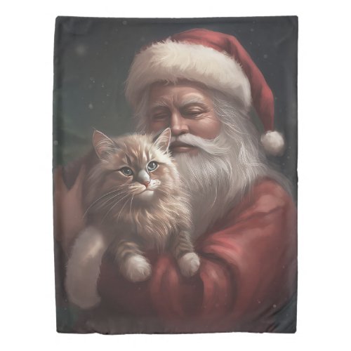 Siberian Cat With Santa Claus Festive Christmas  Duvet Cover
