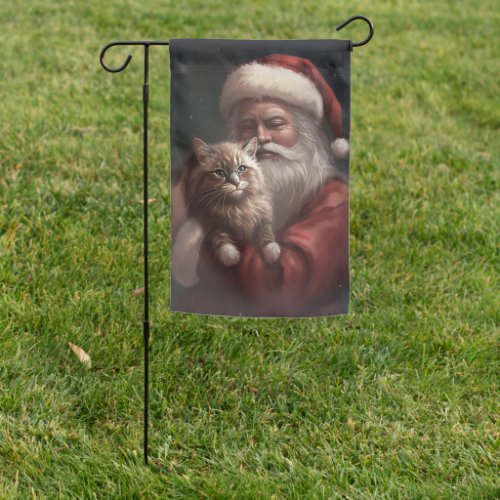 Siberian Cat With Santa Claus Festive Christmas  Garden Flag