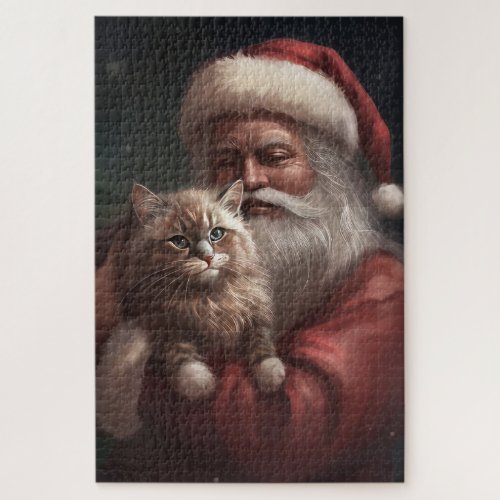 Siberian Cat With Santa Claus Festive Christmas  Jigsaw Puzzle