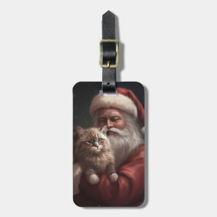 Siberian Cat With Santa Claus Festive Christmas Luggage Tag