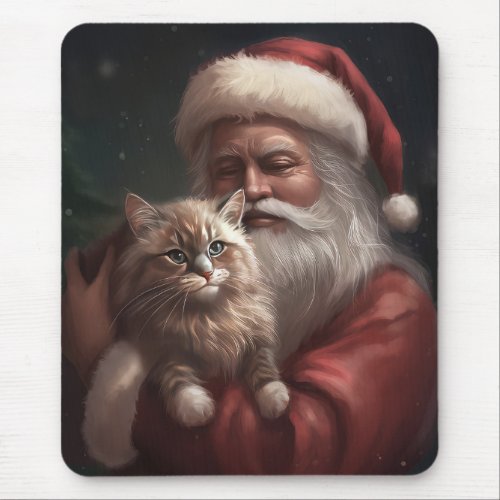 Siberian Cat With Santa Claus Festive Christmas  Mouse Pad