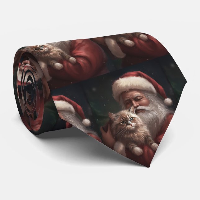 Siberian Cat With Santa Claus Festive Christmas  Neck Tie (Rolled)