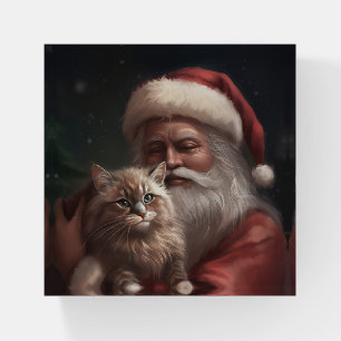 Siberian Cat With Santa Claus Festive Christmas Paperweight