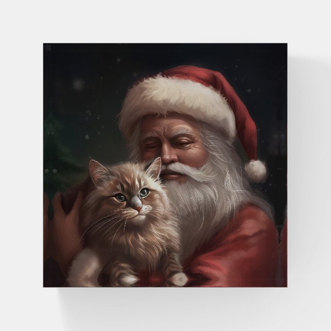 Siberian Cat With Santa Claus Festive Christmas  Paperweight (Front)