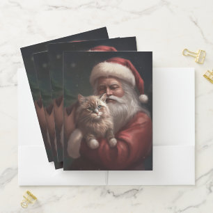 Siberian Cat With Santa Claus Festive Christmas Pocket Folder