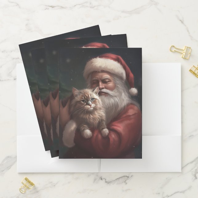 Siberian Cat With Santa Claus Festive Christmas  Pocket Folder (In Situ)