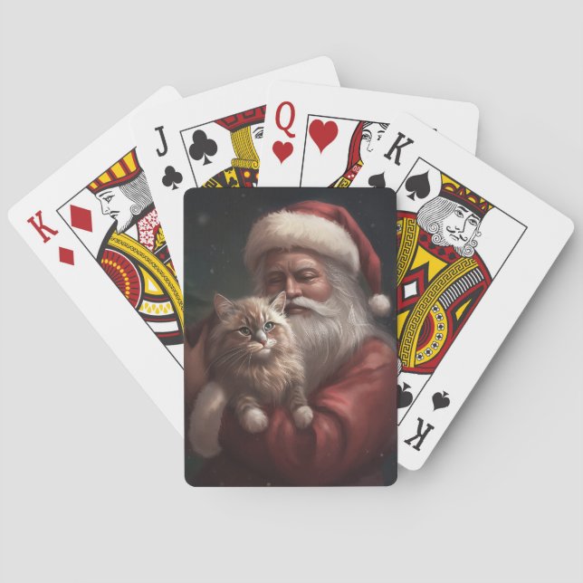 Siberian Cat With Santa Claus Festive Christmas  Poker Cards (Back)