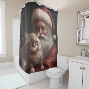 Siberian Cat With Santa Claus Festive Christmas Shower Curtain