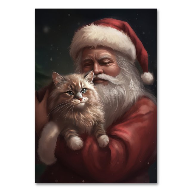 Siberian Cat With Santa Claus Festive Christmas  Table Number (Front)