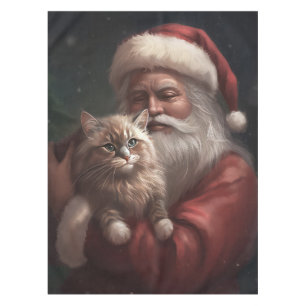 Siberian Cat With Santa Claus Festive Christmas  Tablecloth