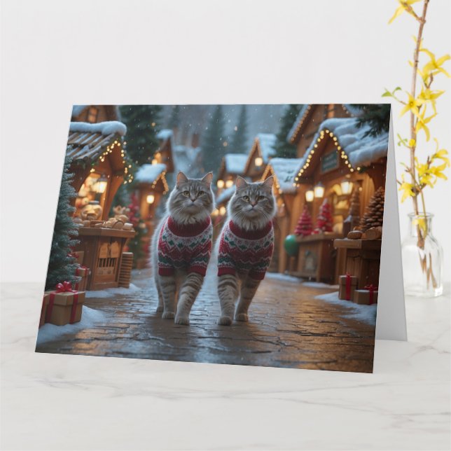 Siberian Cats Christmas Snow Holiday  Card (Yellow Flower)