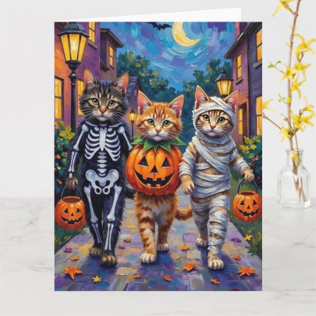 Siberian Cats Trick-or-Treating Halloween Costumes Card (Yellow Flower)