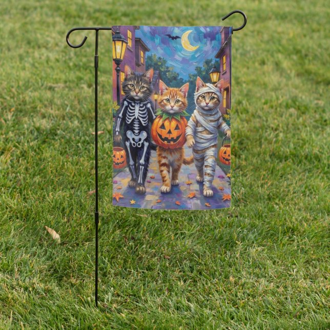 Siberian Cats Trick-or-Treating Halloween Costumes Garden Flag (In SItu)
