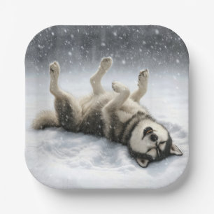 Siberian Huskey Creating a Snow Angel Paper Plates
