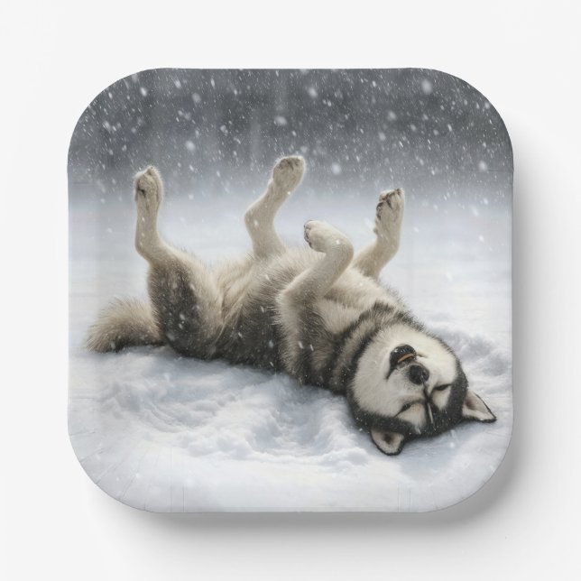 Siberian Huskey Creating a Snow Angel Paper Plates (Front)
