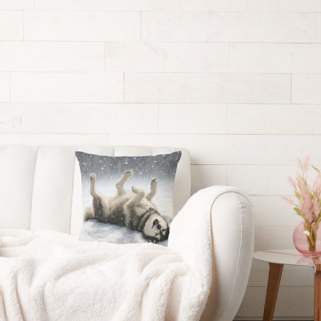Siberian Huskey Creating a Snow Angel Throw Pillow (Couch)
