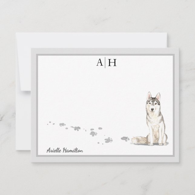 Siberian Huskie Gray Border Monogram Personalized Note Card (Front)