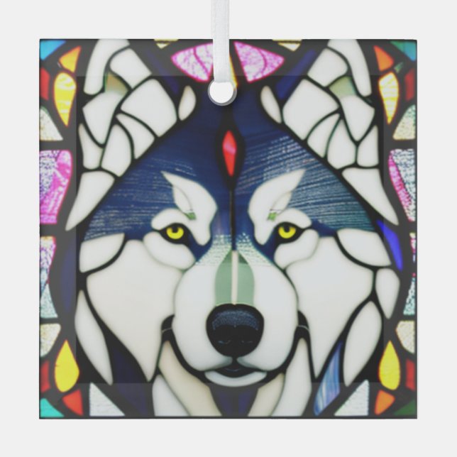 Siberian Huskie "Stained Glass"  Glass Ornament (Front)