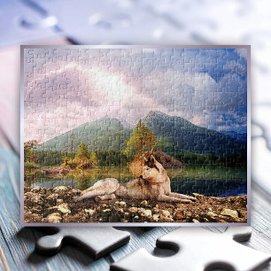 Siberian Husky at Lake Shore in stormy Fall Day - Jigsaw Puzzle