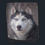 Siberian Husky Backpack<br><div class="desc">This digital painting depicts a Siberian Husky standing on snow,  its fur glistening with frosty highlights as the winter landscape stretches endlessly behind it. The dog’s expressive eyes catch the viewer’s attention.</div>