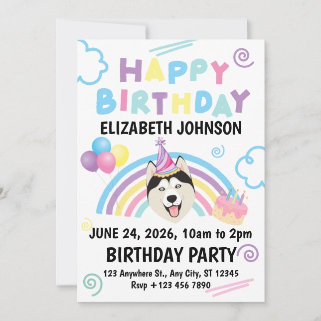 Siberian Husky Birthday Invitation in White (Front)