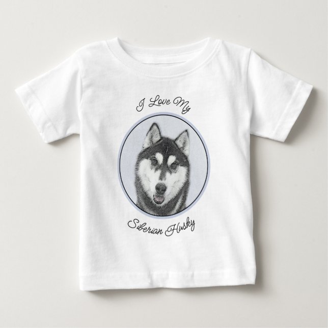Siberian Husky (Black and White) Painting Dog Art Baby T-Shirt (Front)