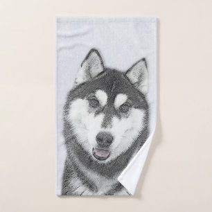 Siberian Husky (Black and White) Painting Dog Art Bath Towel Set