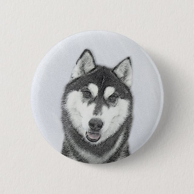 Siberian Husky (Black and White) Painting Dog Art Button (Front)