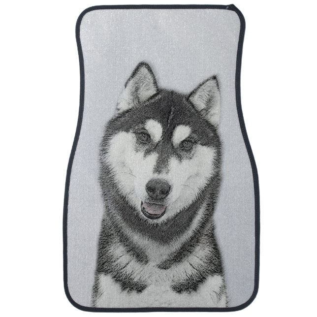 Siberian Husky (Black and White) Painting Dog Art Car Mat (Front)