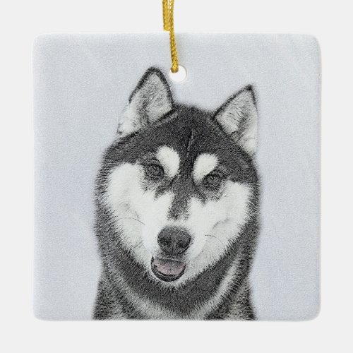 Siberian Husky Black and White Painting Dog Art Ceramic Ornament