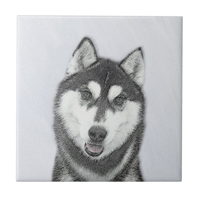 Siberian Husky (Black and White) Painting Dog Art Ceramic Tile (Front)