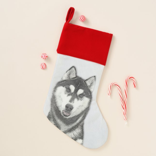 Siberian Husky (Black and White) Painting Dog Art Christmas Stocking (Front)