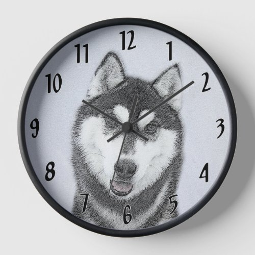 Siberian Husky Black and White Painting Dog Art Clock