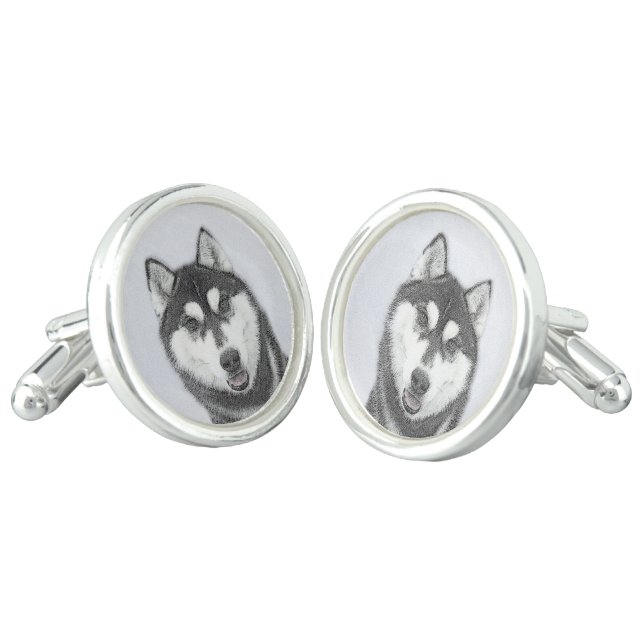 Siberian Husky (Black and White) Painting Dog Art Cufflinks (Angled)