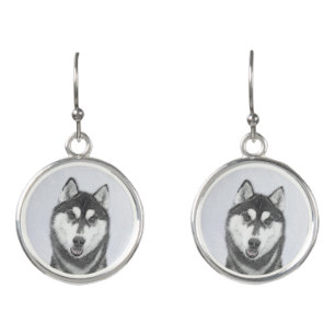 Siberian Husky (Black and White) Painting Dog Art Earrings