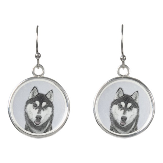 Siberian Husky (Black and White) Painting Dog Art Earrings (Front)
