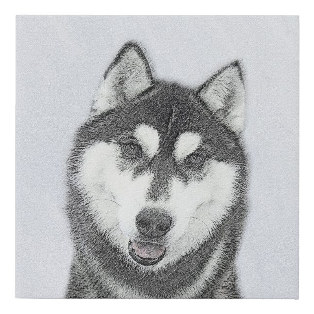Siberian Husky (Black and White) Painting Dog Art Faux Canvas Print (Front)